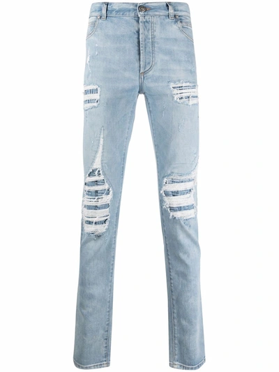 Balmain Monogram Distressed Tapered Jeans In Blue