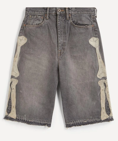 Kapital Wide-leg Distressed Appliquéd Denim Shorts In Black