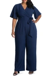 Kiyonna Charisma Faux Wrap Crepe Jumpsuit In Nouveau Navy