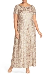 Alex Evenings Rosette Lace Short Sleeve A-line Gown In Champagne