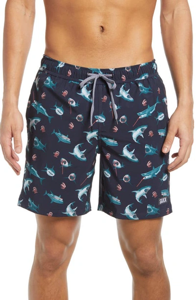 Saxx Oh Buoy 2n1 Volley Swim Shorts In Navy Chompers