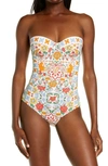 Tory Burch Floral Print Strapless Underwire One-piece Swimsuit In Beige Cat