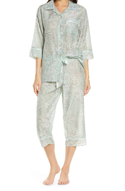 Papinelle Cherry Blossom Cotton & Silk Crop Pajamas In Sage