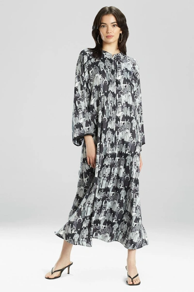 Natori Dynasty Mandarin Zip Caftan Dress In Black/grey
