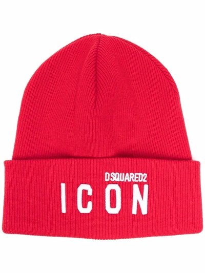 Dsquared2 Icon Patch Wool Knit Beanie In Red
