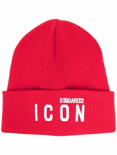 Dsquared2 Icon Logo-embroidered Knitted Beanie In Red