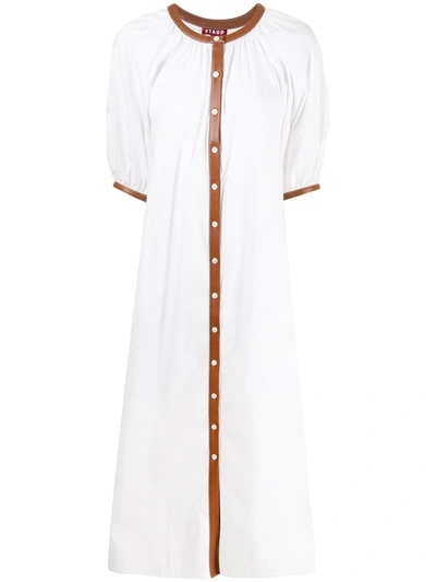 Staud Vincent Vegan Leather-trimmed Cotton-blend Poplin Dress In White,brown