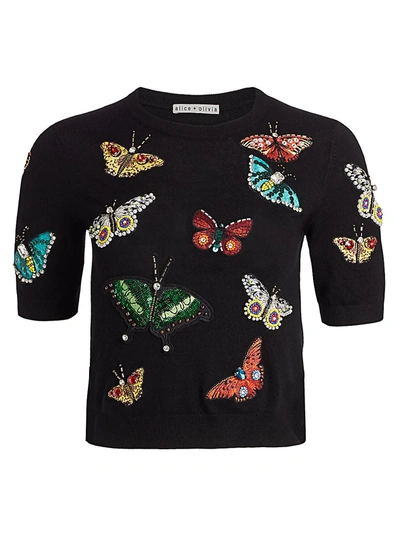 Alice And Olivia Ciara Butterfly Embroidery Stretch-wool Pullover In Black Multi