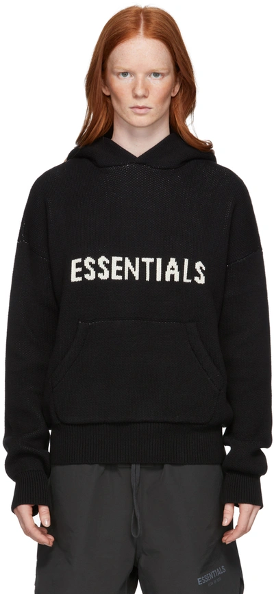 Essentials Black Knit Logo Hoodie | ModeSens