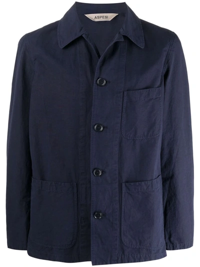 Aspesi Single-breasted Twill Shirt Jacket In Dark Blue