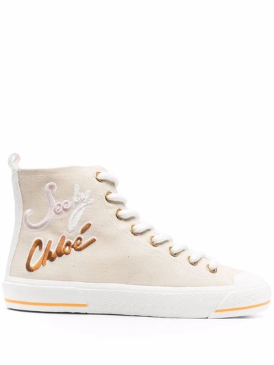 See By Chloé See By Chloe Aryana High Top Logo Print Fabric Sneakers In Beige