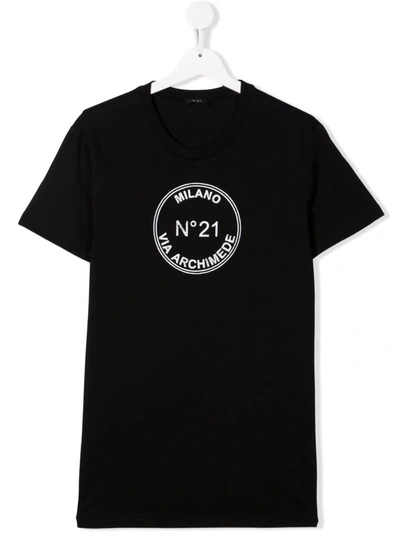 N°21 Kids' No.21 Black Logo Print T-shirt