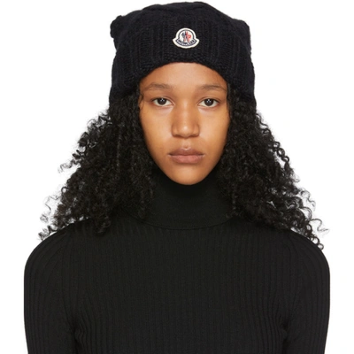 Moncler Black Wool Pompom Logo Beanie