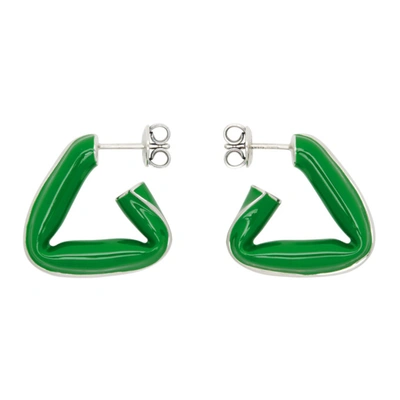 Bottega Veneta Triangular Silver Earrings With Enamel Inserts In Green