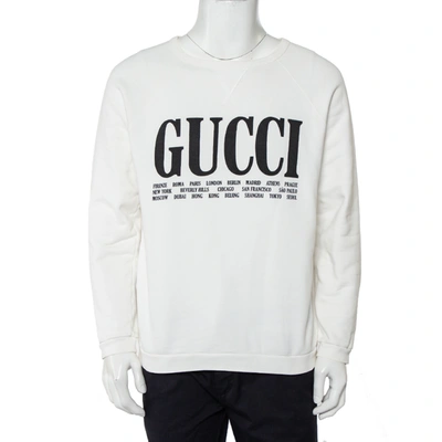 Pre-owned Gucci White Cotton Logo & Cities Printed Crewneck Sweatshirt M