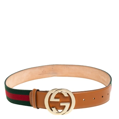Pre-owned Gucci Tan/green Canvas And Leather Web Interlocking G Buckle Belt 80cm