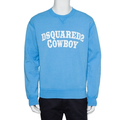 Pre-owned Dsquared2 Blue Cotton Knit Logo Cowboy Printed Crewneck Sweatshirt L