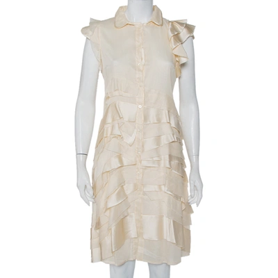 Pre-owned Prada Cream Silk Detachable Collar Detail Ruffled Shirt Dress M