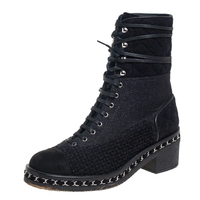 Pre-owned Chanel Black Tweed And Suede Combat Boots Size 39
