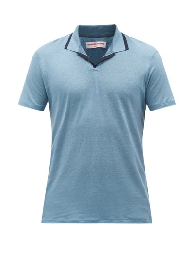 Orlebar Brown Capri Blue Resort Collar Felix Linen Polo Shirt
