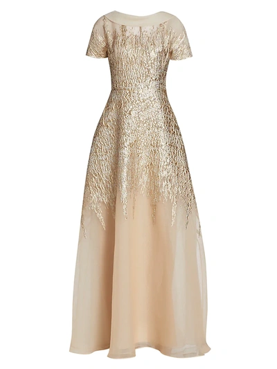 teri jon champagne dress Teri Jon Metallic Jacquard One Shoulder Gown - Champagne Multi