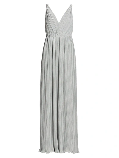 Halston Pleated Metallic V-neck Sleeveless Gown In Steel