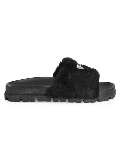 Prada Logo Genuine Shearling Slide Sandal In Nero