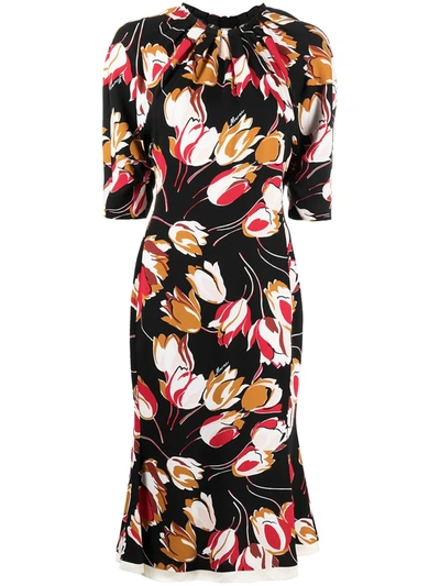 Marni Satin-trimmed Floral-print Crepe Midi Dress In Black