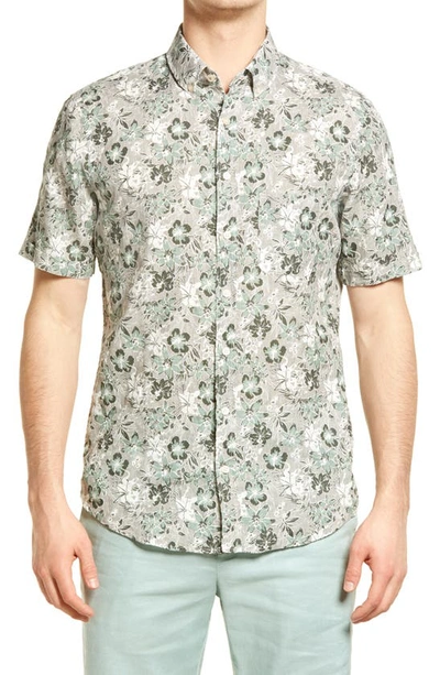 Brax Dan Regular Fit Floral Print Short Sleeve Linen Button-down Shirt In Sand