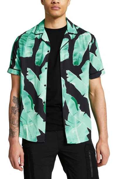 River Island Palm Print Short Sleeve Button-up Camp Shirt In Black