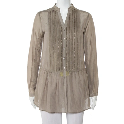 Pre-owned Etro Grey Cotton & Silk Beaded Detail Button Front Tunic M