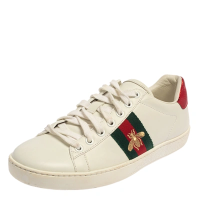 Pre-owned Gucci White Leather And Canvas Ace Bee Sneakers Size 37