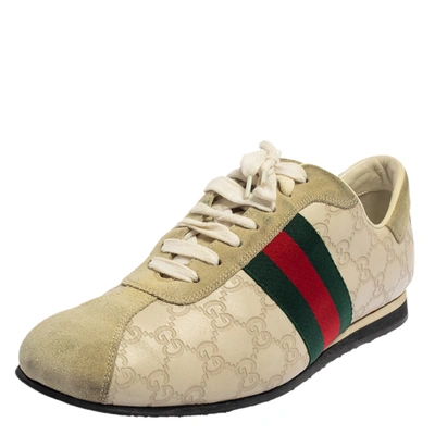 Pre-owned Gucci Cream Suede And Leather Web Low Top Sneakers Size 43.5