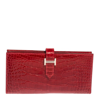 Pre-owned Hermes Braise Shine Alligator Palladium Finished Bearn Gusset Wallet In Red