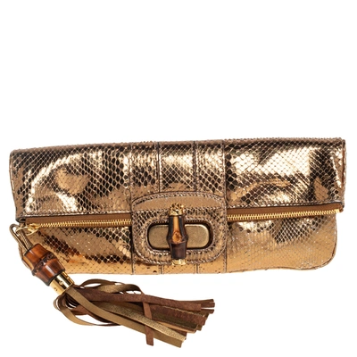 Pre-owned Gucci Metallic Gold Python Lucy Bamboo Detail Tassel Fold Over Clutch