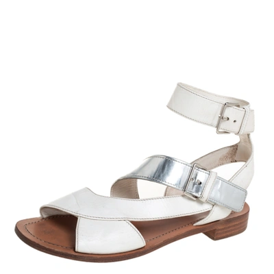 Pre-owned Prada White/silver Leather Flat Ankle Strap Sandals Size 37