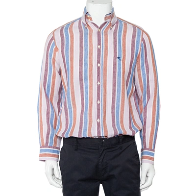Pre-owned Etro Multicolor Striped Linen Button Front Shirt S