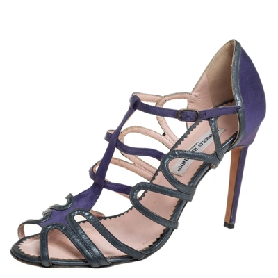 Pre-owned Manolo Blahnik Purple/grey Leather And Satin Cage Sandals Size 40