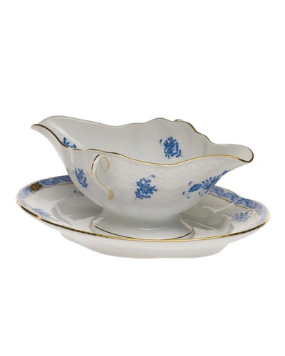 Herend Chinese Bouquet Blue Gravy Boat With Fixed Stand