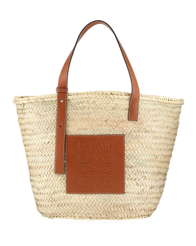 Loewe Basket Bag Large In Palm Leaf With Leather Handles In Natural/tan