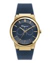 Ferragamo Sapphire Yellow Gold Ip Double Gancini Rubber Strap Watch In Ip Yellow Gold