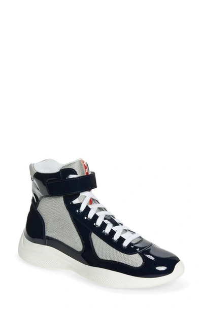 Prada Men's America's Cup High-top Patent Leather Sneakers In Royal Blue/silver