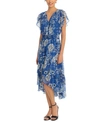 London Times Petite Floral-print Split-neck Ruffled-hem Midi Dress In Royal Blue