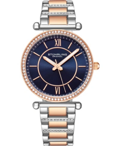 Stuhrling Women's Quartz Crystal Studded Rose Gold-tone Link Bracelet Watch 36mm In Blue