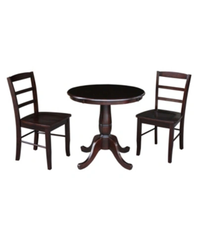 International Concepts 30" Round Top Pedestal Dining Table With 2 Madrid Ladderback Chairs, 3 Piece Dining Set In Rich Mocha