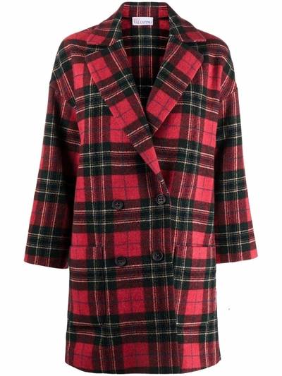 Red Valentino Double-breasted Cheked Shetland Wool Coat In Red