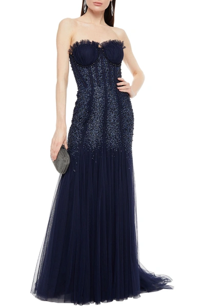 Jenny Packham Strapless Embellished Tulle Gown In Blue