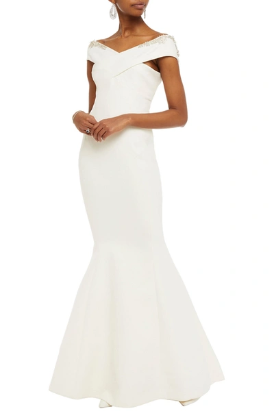 Rachel Gilbert Verena Embellished Fluted Stretch-crepe Gown In White