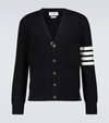 Thom Browne Jersey Stitch Relaxed Fit V Neck Cardigan In Fine Merino Wool With 4 Bar Stripes In Blue
