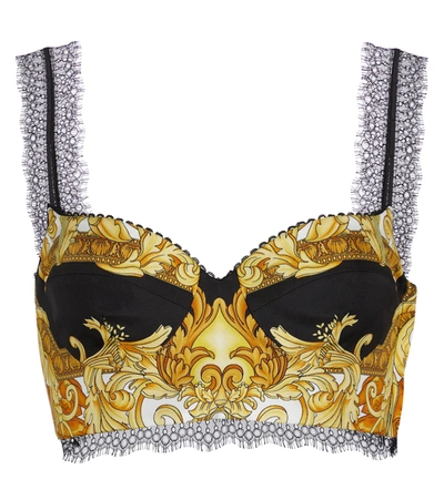 Versace Lace-trimmed Printed Silk-twill Bustier Top In Multicolor